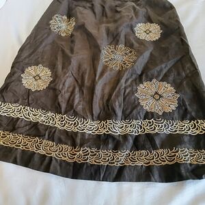 LOFT Dark Brown Midi Skirt with Gold Floral Embroidery